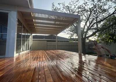 Hardwood deck under a covered outdoor area